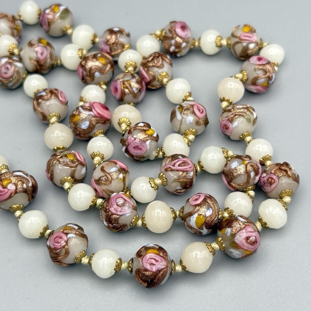 Vintage Italian Venetian Wedding Cake Glass Beads Necklace Brass Caps 28"
